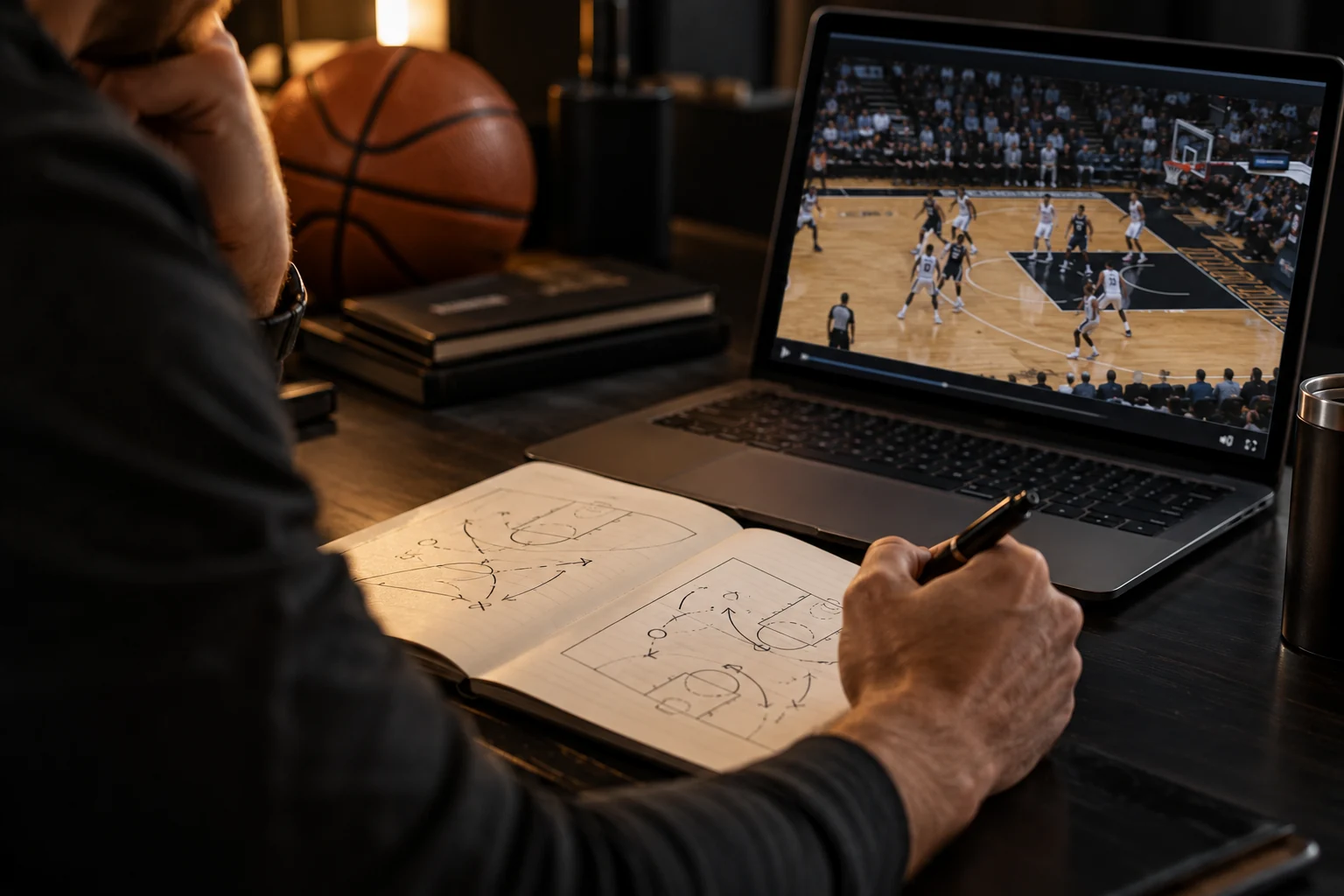 Basketball game film being reviewed alongside handwritten court notes