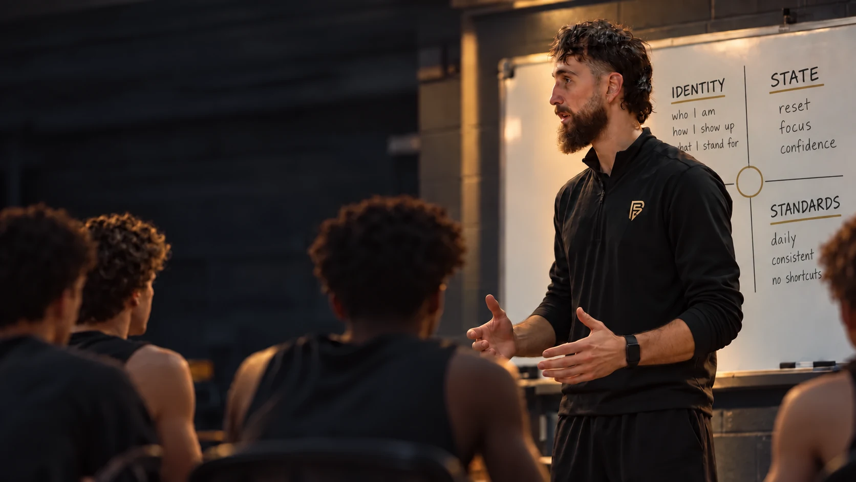 Illustrative image based on Jarrod’s photo, teaching basketball mindset skills in a classroom